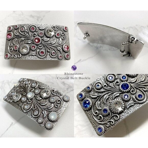 Women\'s Silver Rhinestone Crystal Antique Brass Rectangle Floral Belt Buckle main image 7